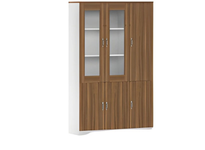 Moderni puinen toimistokaappi vitriineillä ja tyylikkäällä säilytystilalla