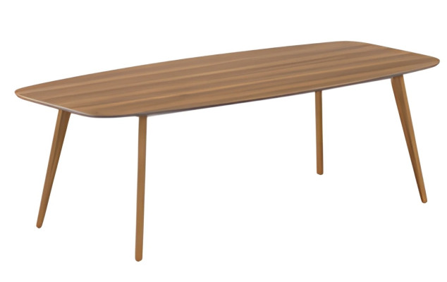 Moderni ruokapöytä tyylikkäällä pinnalla ja yksinkertaisilla puujaloilla