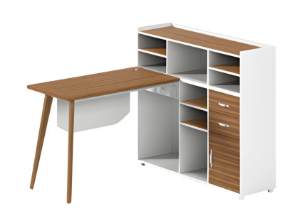 Valkoinen puupöytä säilytystilalla, avoimilla lokeroilla ja tyylikkäillä jaloilla