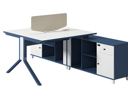 Sininen ja valkoinen kirjoituspöytä laatikolla, säilytystilalla ja moderneilla metallijaloilla