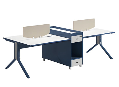 Moderni kaksipuolinen työpöytä jakopaneelilla ja säilytystilalla