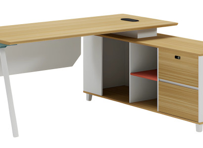 Moderni pöytä, jossa on säilytystilaa ja valkoisen puun efekti