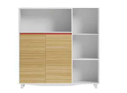 Tyylikäs toimistokaappi puuhyllyillä ja punaisella korostuksella