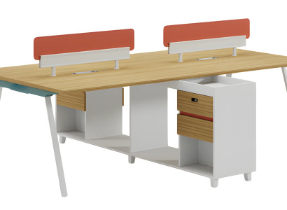 Moderni puinen pöytä, jossa on selkänoja, säilytystilaa ja hyllyjä