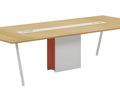 Moderni konferenssipöytä valkoisen-oranssin puuefektin ja kaapelikanavan kanssa