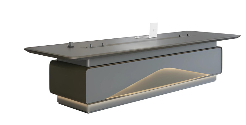 Ylellinen harmaa konferenssipöytä LED-valaistuksella ja kaapelinhallinnalla