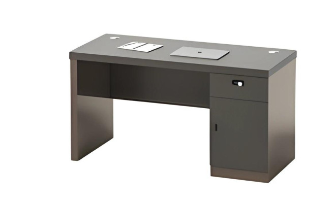 Moderni musta pöytä, jossa on säilytystilaa ja estetty kaapeliväylä