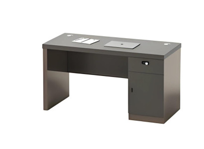 Moderni musta pöytä, jossa on säilytystilaa ja estetty kaapeliväylä