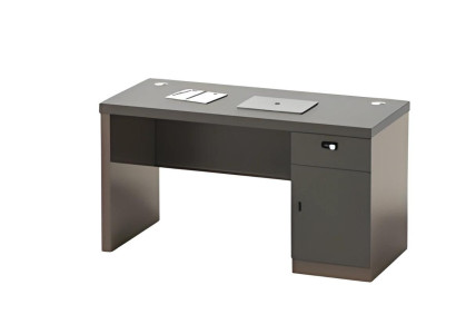 Moderni musta työpöytä, jossa on säilytystilaa, lukko ja kaapelikanavat