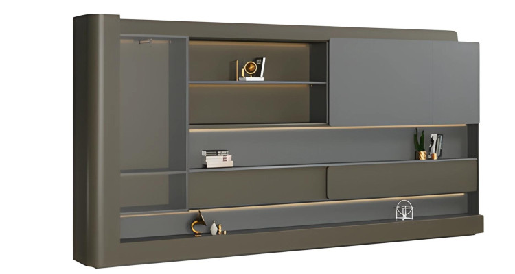 Moderni musta toimistokaappi harmaalla LED-valaistuksella ja säilytystilalla