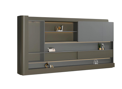 Moderni musta toimistokaappi harmaalla LED-valaistuksella ja säilytystilalla