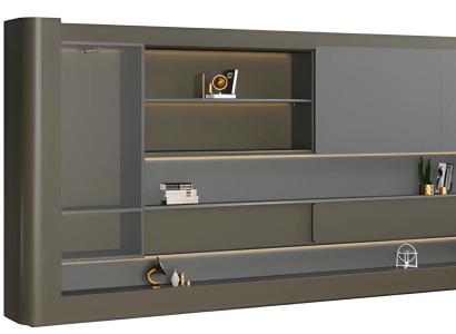 Moderni musta toimistokaappi harmaalla LED-valaistuksella ja säilytystilalla