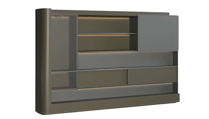 Moderni musta toimistokaappi harmaalla LED-valaistuksella ja säilytystilalla