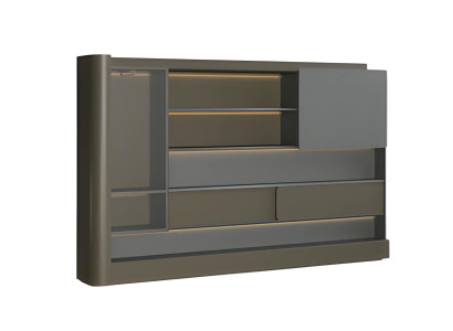 Moderni musta toimistokaappi harmaalla LED-valaistuksella ja säilytystilalla