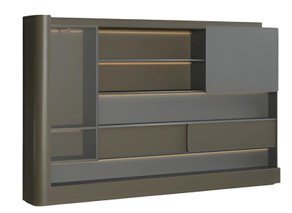 Moderni musta toimistokaappi harmaalla LED-valaistuksella ja säilytystilalla