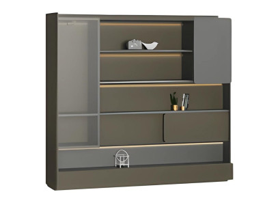 Moderni musta toimistokaappi harmaalla LED-valaistuksella ja säilytystilalla