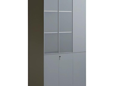 Moderni harmaa toimistokaappi lasiovilla, lukittava, suuri säilytystila