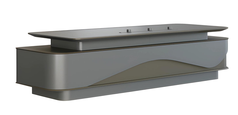 Moderni harmaa ja musta työpöytä, jossa on ylellinen säilytystila ja kaapelinhallinta