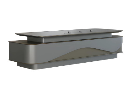 Moderni harmaa ja musta työpöytä, jossa on ylellinen säilytystila ja kaapelinhallinta