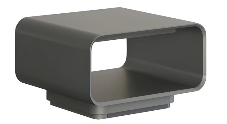 Moderni harmaa ja musta muotoilupöytä avoimella hyllyllä minimalistisessa tyylissä