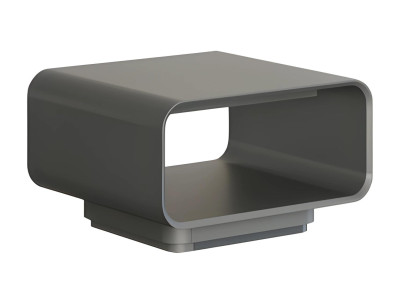 Moderni harmaa ja musta muotoilupöytä avoimella hyllyllä minimalistisessa tyylissä