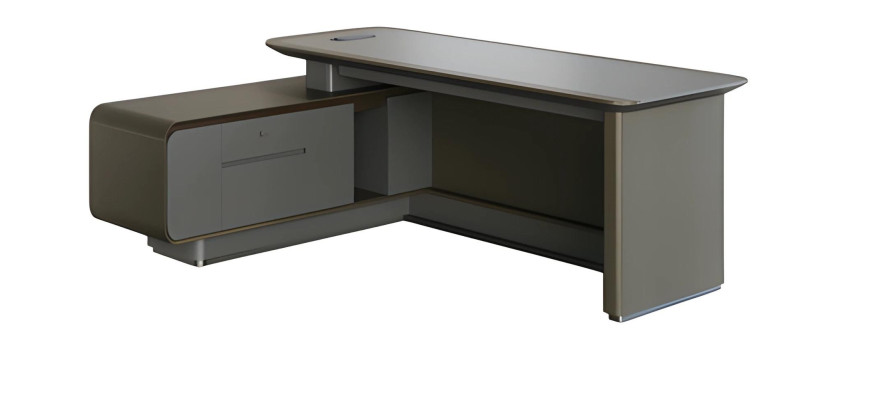 Moderni harmaa kulmapöytä säilytystilalla