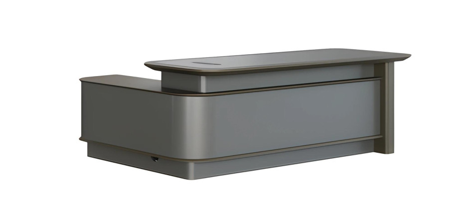 Moderni harmaa työpöytä säilytystilalla ja kaapeliholkillä