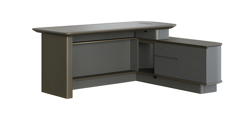 Moderni harmaa kulma työpöytä säilytystilalla ja tyylikkäillä kaapelikanavilla