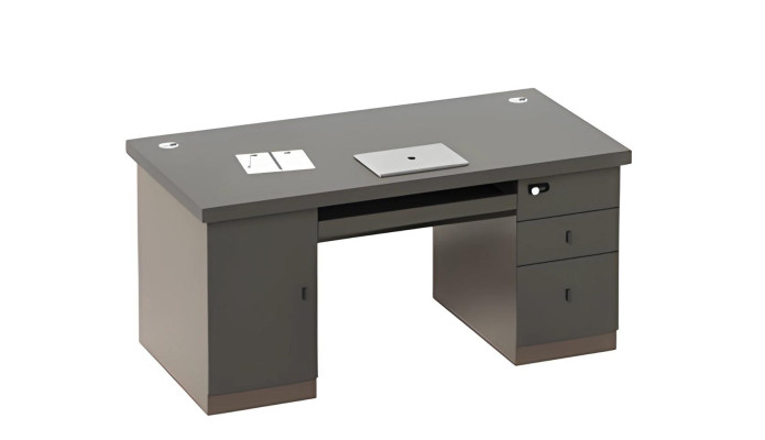 Harmaa pöytä, jossa on säilytystilaa ja laatikoita, kaapelikanavat, lukko