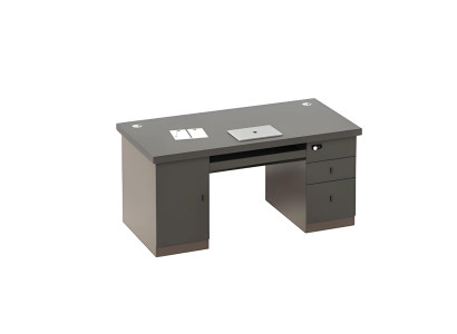 Moderni musta ja harmaa työpöytä, jossa on säilytystilaa ja kaapelinhallinta