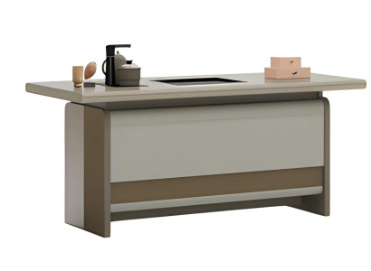 Moderni ruskea pöytä käytännöllisellä säilytystilalla ja tyylikkäällä muotoilulla