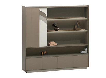 Moderni ruskea puutoimisto kaappi hyllyjen ja laatikoiden kanssa