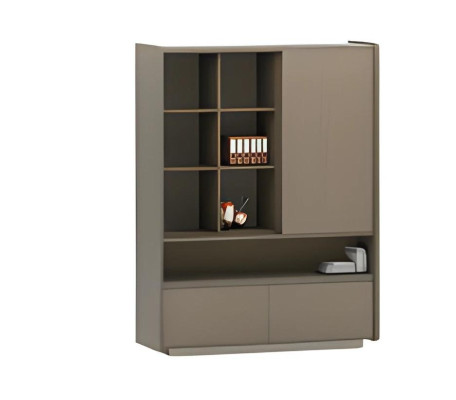 Moderni ruskea puutoimisto kaappi hyllyillä ja laatikoilla asiakirjoille