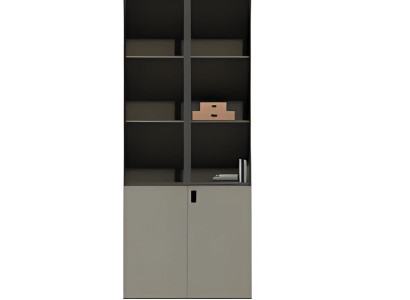 Moderni ruskea puutoimisto kaappi hyllyillä ja ovilla