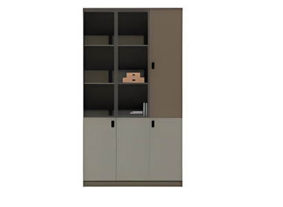 Moderni ruskea-harmaa toimistokaappi hyllyillä ja ovilla