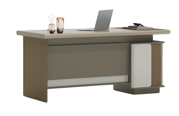 Ruskea ja harmaa kirjoituspöytä laatikoilla ja säilytystilalla