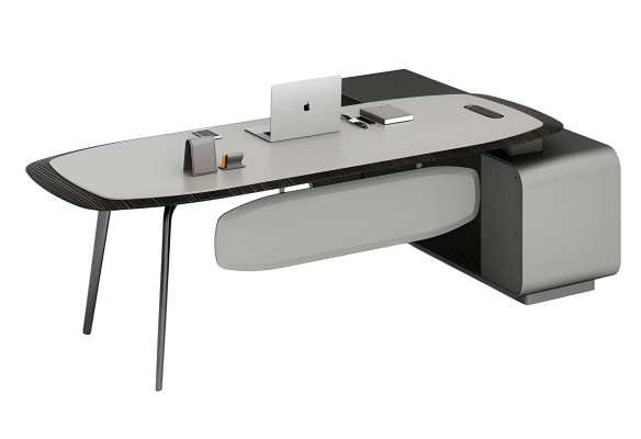 Moderni musta ja harmaa pöytä tyylikkäällä muotoilulla ja säilytystilalla