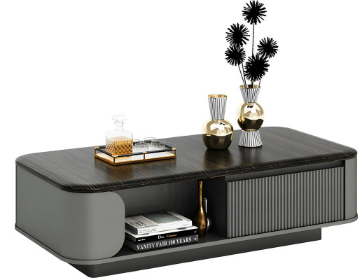 Moderni matala pöytä tyylikkäällä muotoilulla ja mustalla pinnalla sekä avoimilla hyllyillä