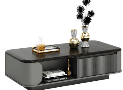 Moderni matala pöytä tyylikkäällä muotoilulla ja mustalla pinnalla sekä avoimilla hyllyillä