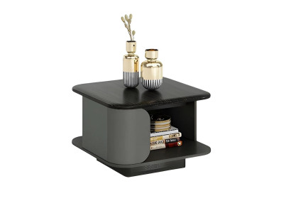 Moderni matala pöytä, jossa kompaktit mitat ja avoin kansi, lisäksi musta kansi