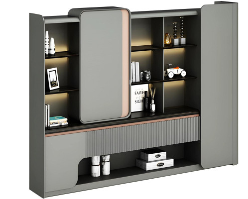 Moderni avokonttikaappi avohyllyillä valaistus elegantti yksinkertainen muotoilu harmaa