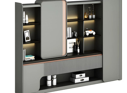 Moderni avokonttikaappi avohyllyillä valaistus elegantti yksinkertainen muotoilu harmaa