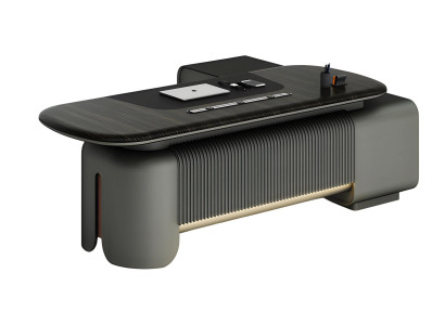 Moderni kirjoituspöytä tyylikkäällä muotoilulla ja mustalla pinnalla, jossa on valaistus