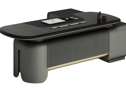 Moderni kirjoituspöytä tyylikkäällä muotoilulla ja mustalla pinnalla, jossa on valaistus