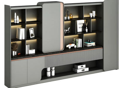 Moderni avokonttorikaappi avohyllyillä, LED-valaistus, tyylikäs yksinkertaisuus, harmaa muotoilu