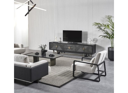 Moderni olohuonekalustesarja ruskealla kankaalla ja nojatuolilla