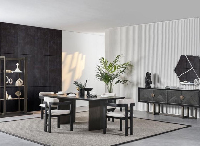 Tyylikäs ruskea puinen ruokapöytä, jossa on 4 tuolia ja konsoli