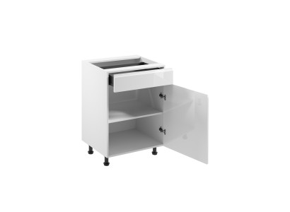 Liikkuva keittiö, jossa on laatikko ja kiiltävät hyllyt