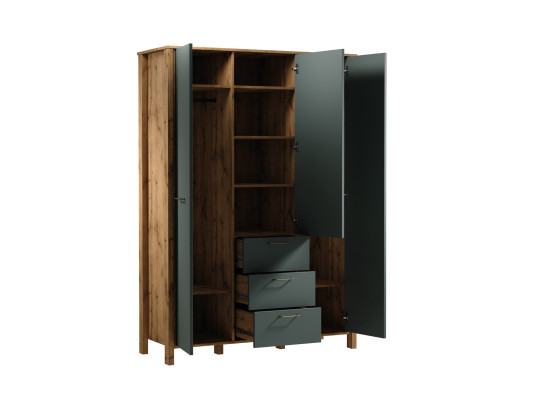 Itsenäinen kaappi ripustimilla ja laatikoilla