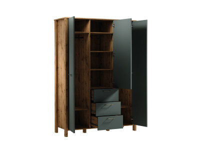 Itsenäinen kaappi ripustimilla ja laatikoilla